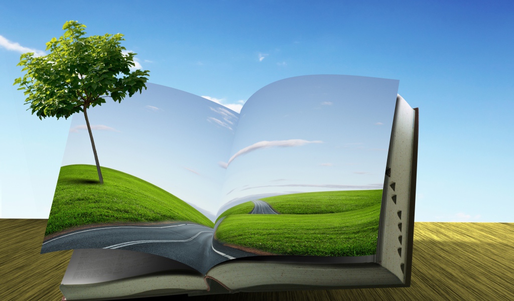 Зеленое дерево растет из книги на фоне голубого неба
