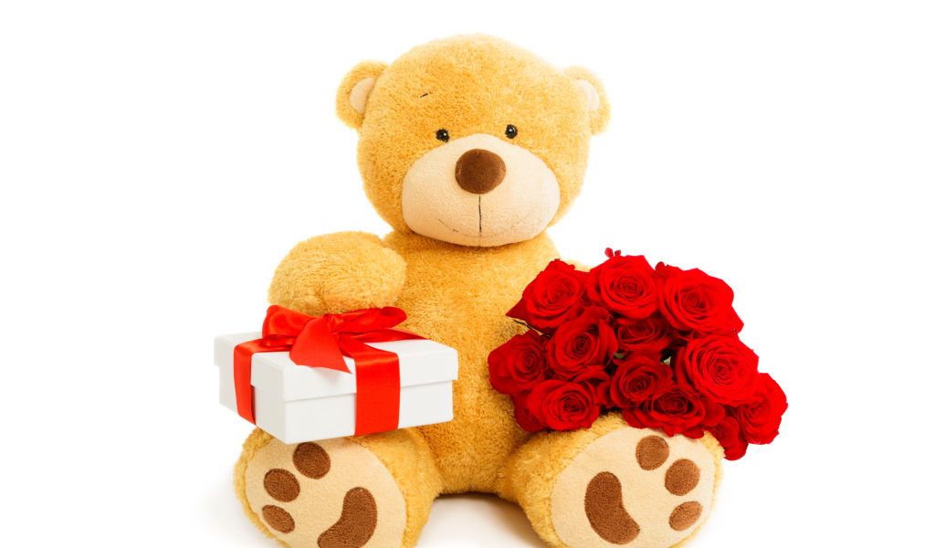 Плюшевый медведь с букетом красных роз и подарком