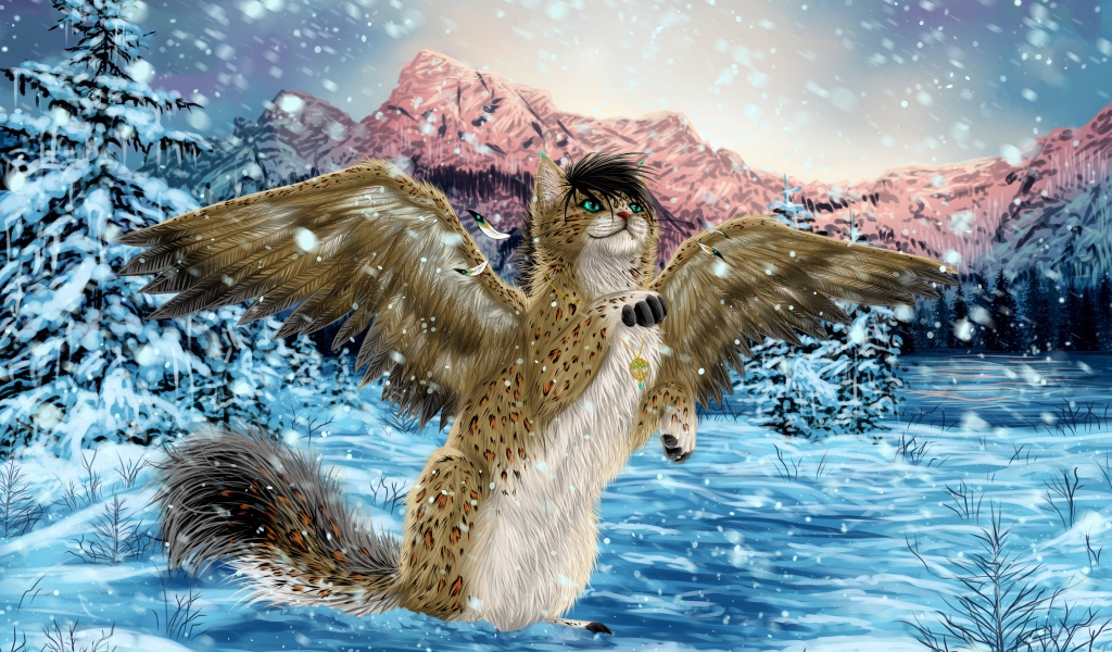 Волшебный кот с крыльями в зимнем лесу, фэнтези