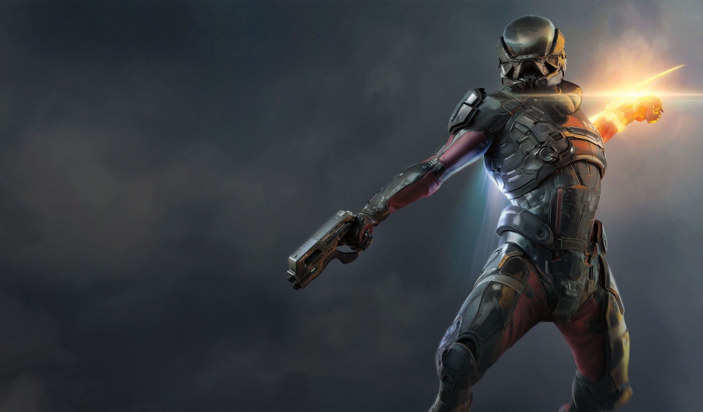 Персонаж игры Mass Effect Andromeda с оружием 
