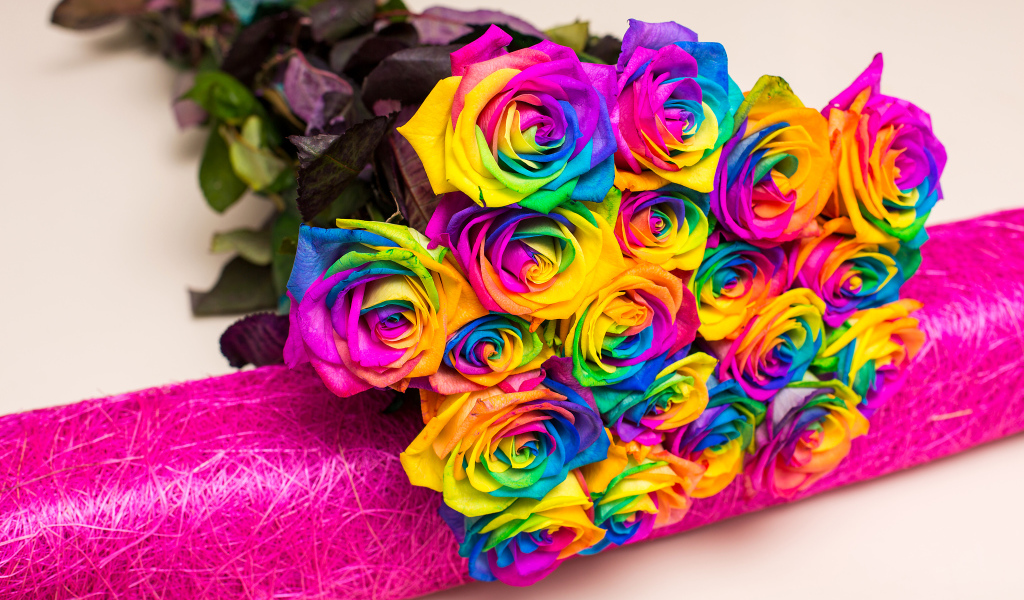 Букет разноцветных ярких роз на сером фоне