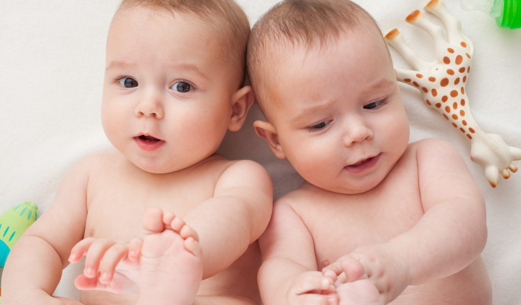 Два маленьких грудных ребенка близнеца с игрушкой