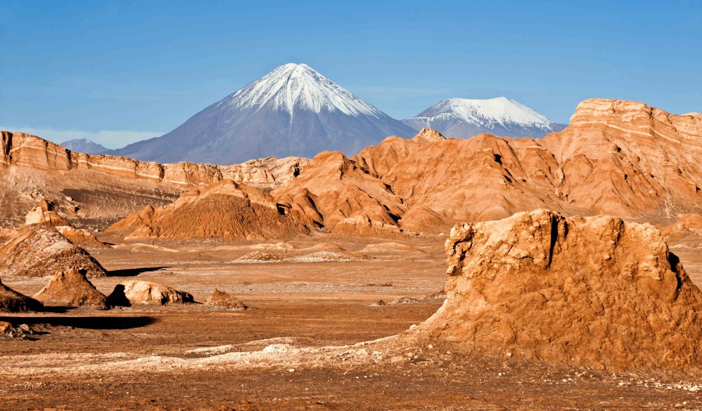 Пустыня Атакама и заснеженная вершина вулкана,  Чили 
