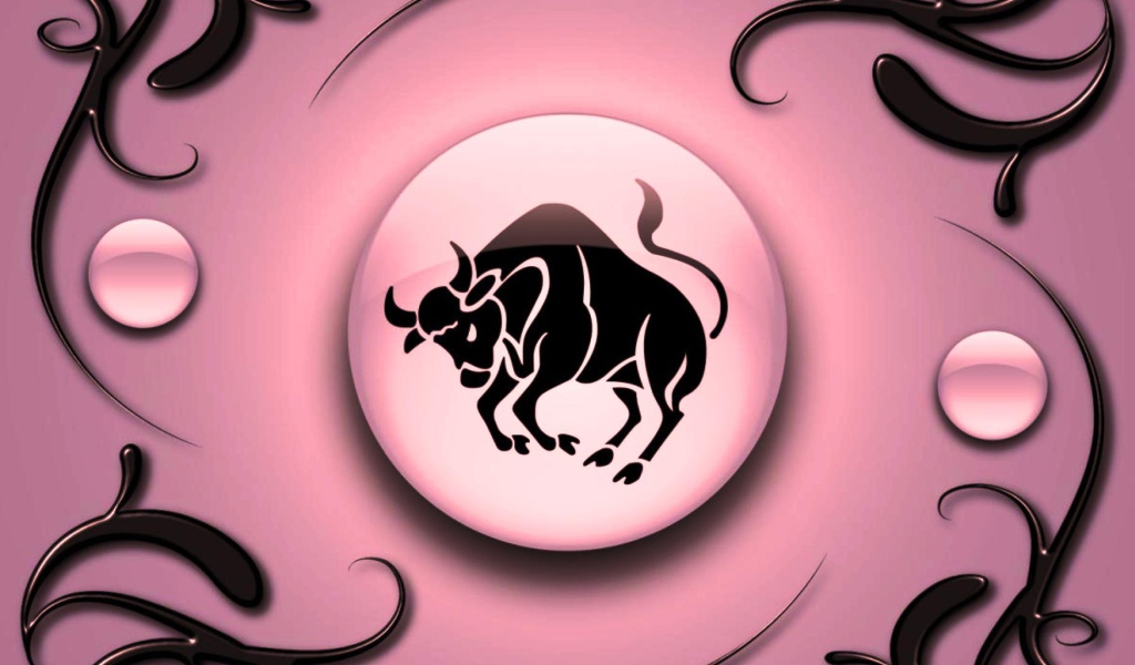 Знак зодиака Телец  на  розовом фоне с чёрным орнаментом 