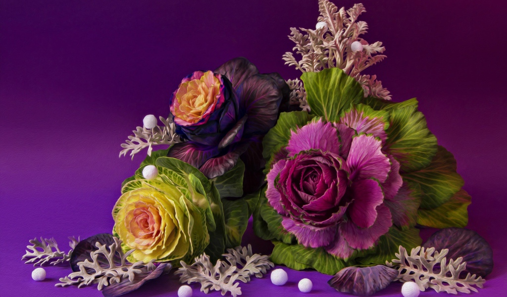 Flowers of decorative cabbage on a violet background, fractal pattern