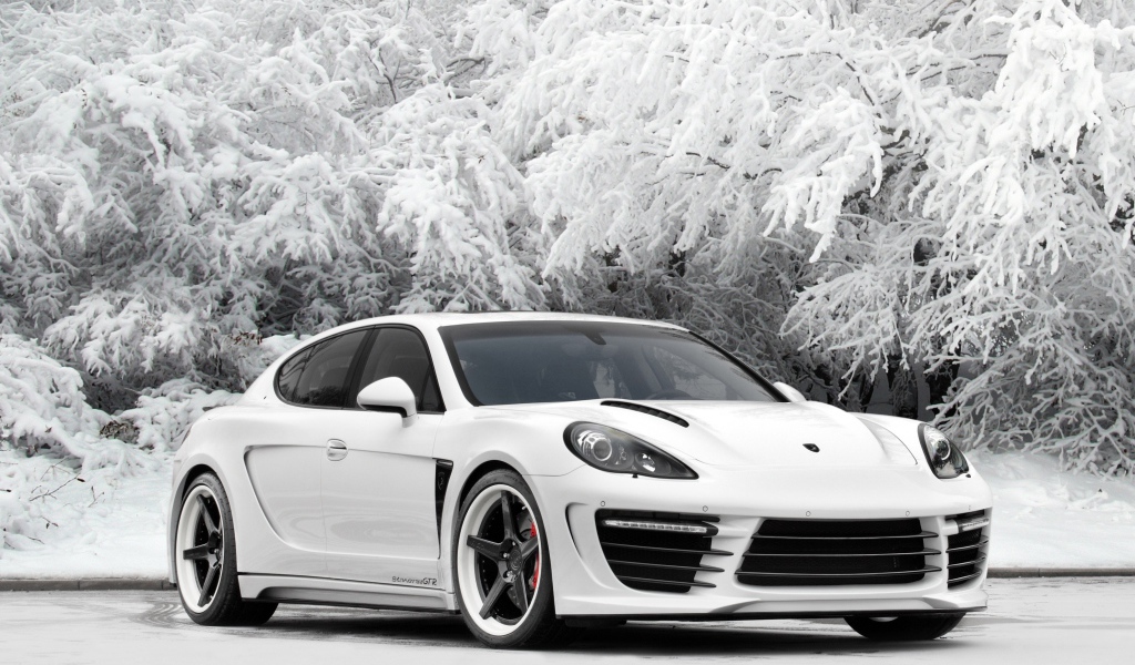 Белый автомобиль Porsche Panamera на фоне покрытых инеем деревьев 