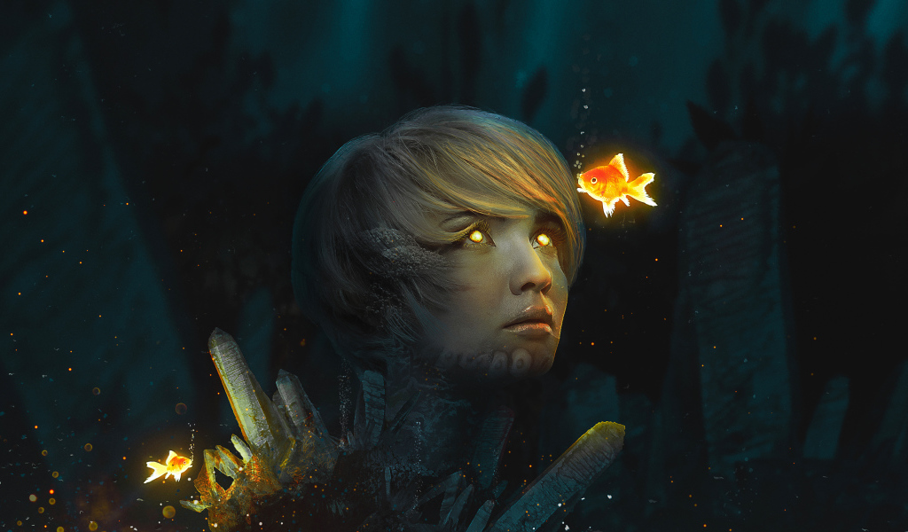 Girl with glowing eyes at the bottom with goldfish