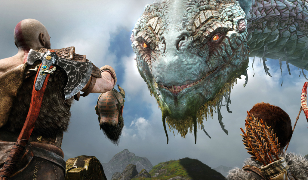 A frame of the computer game God of War, 2018