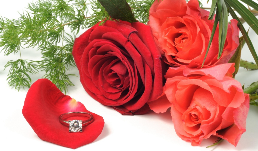 Три красных розы с красивым кольцом с бриллиантом