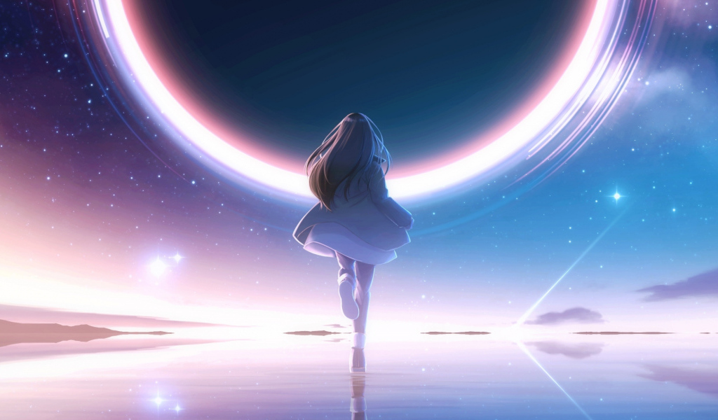 Девушка аниме бежит к яркому кругу в небе
