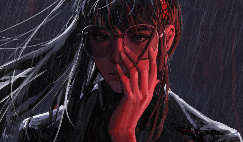 Нарисованная девушка в очках под дождем