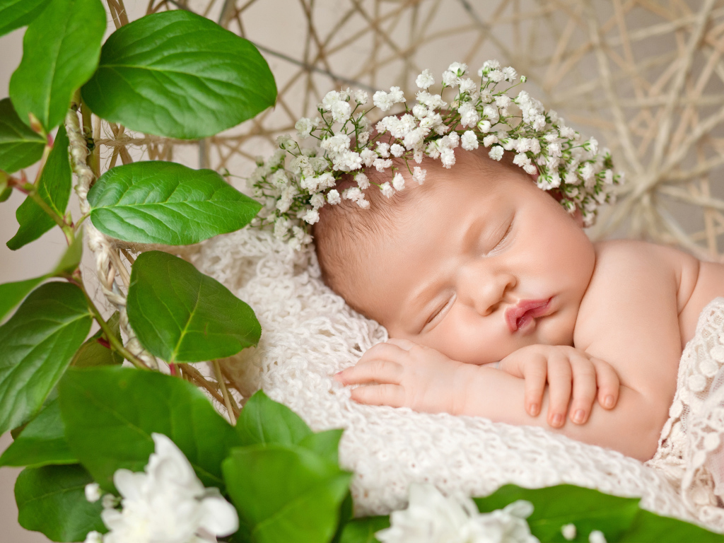 Милый маленький спящий младенец с белыми цветами на голове