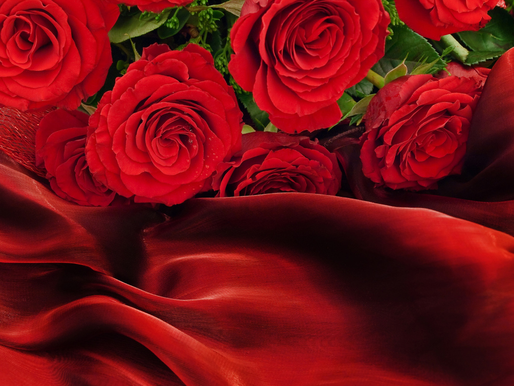 Букет красных роз на красном шелковом покрывале