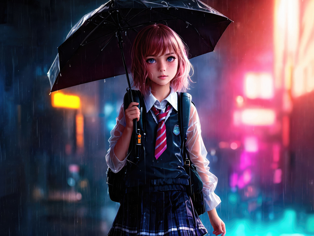 Девочка аниме школьница под зонтом