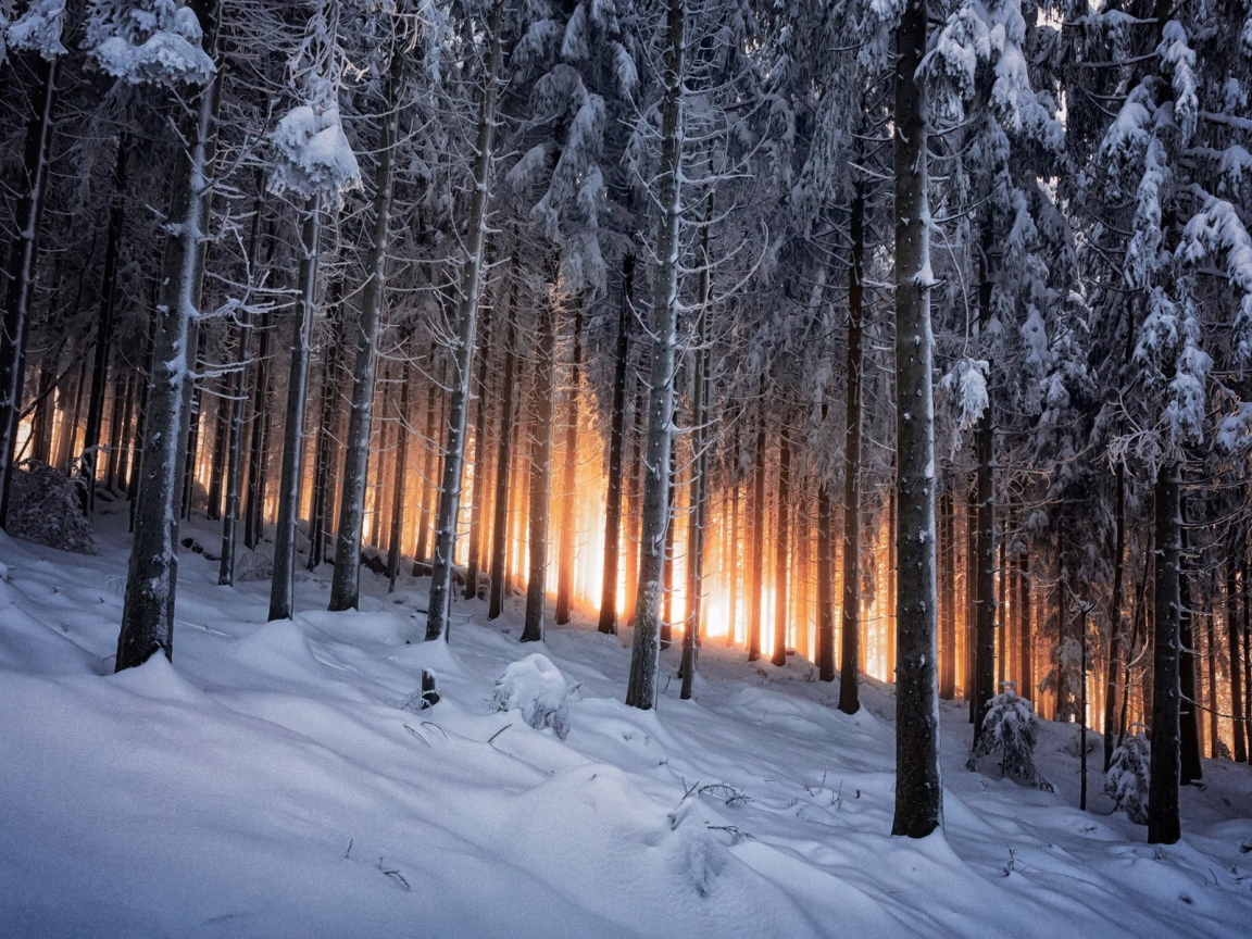 Trees on the slope in the winter forest at sunset