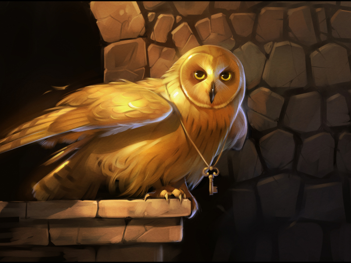 Big owl with a golden key on the neck against the wall