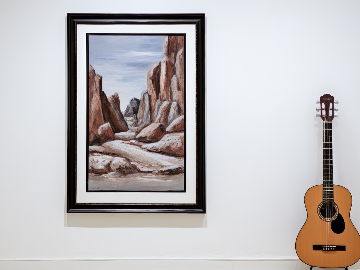 Гитара стоит у стены с большой картиной