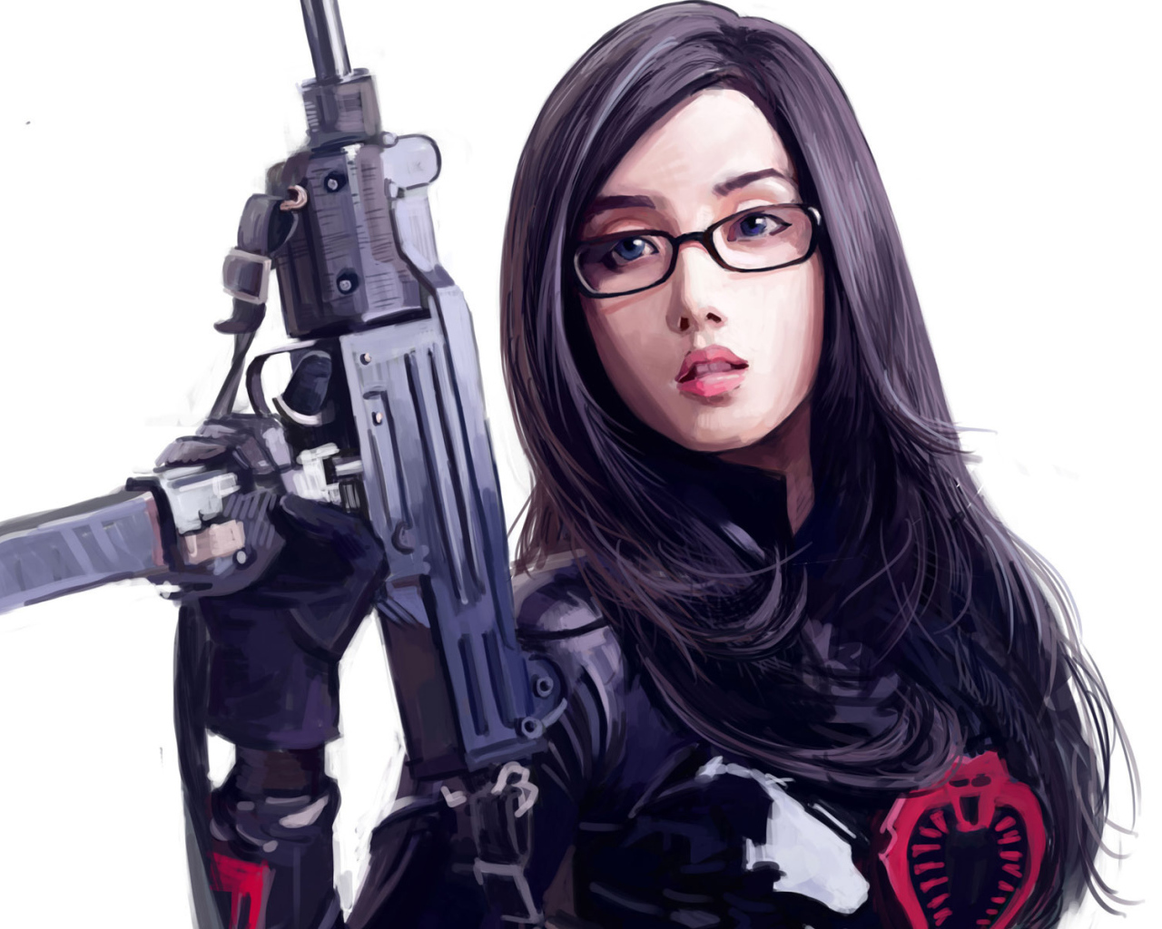 Девушка в очках и с оружием