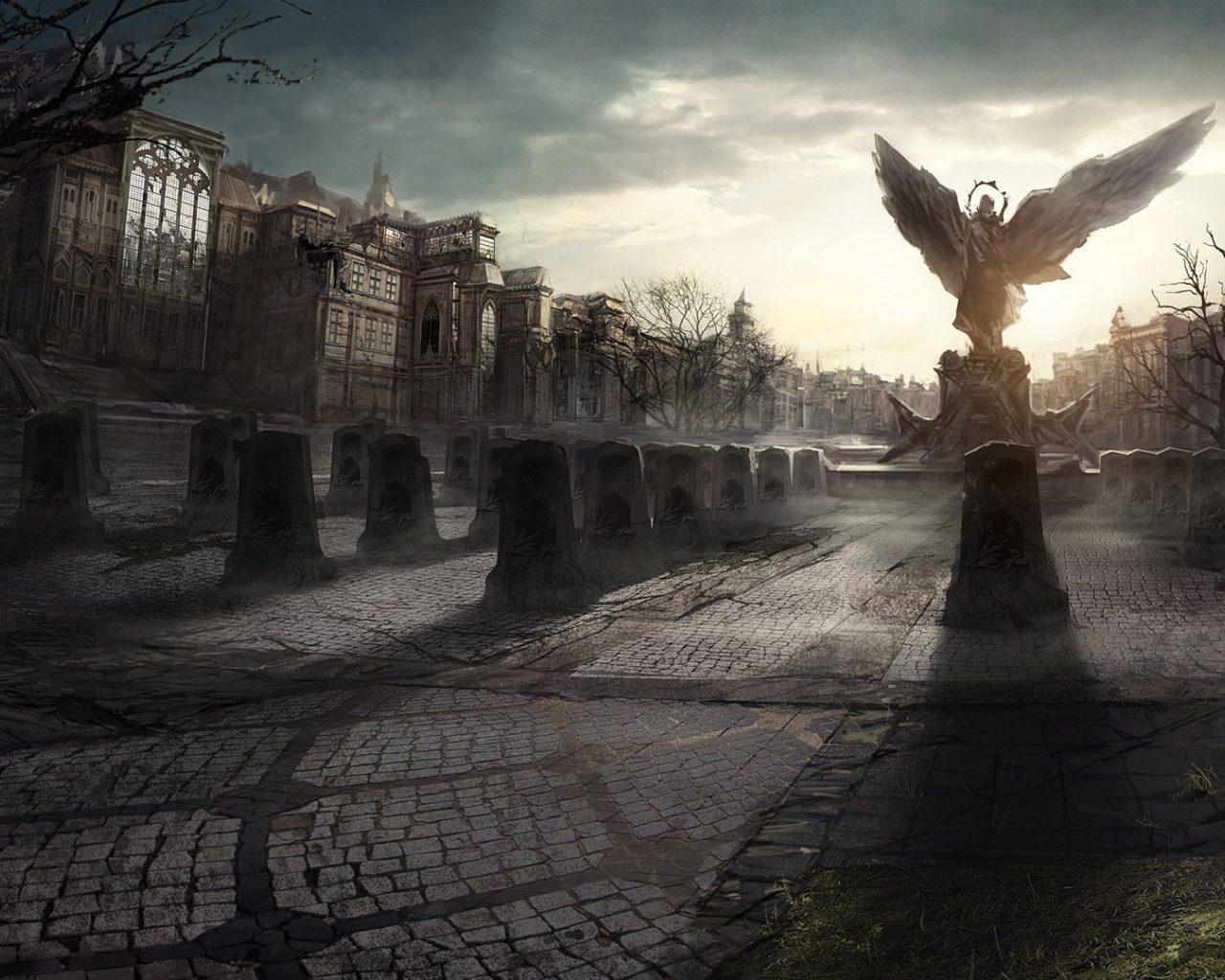 	  Angel statue in a destroyed city