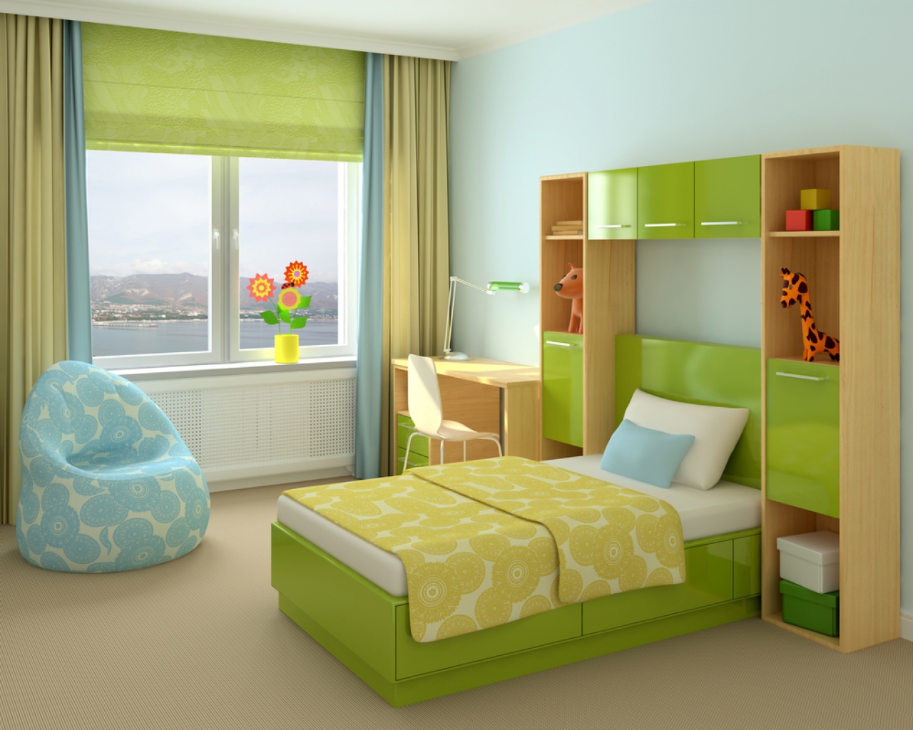 Зеленая кровать в детской комнате