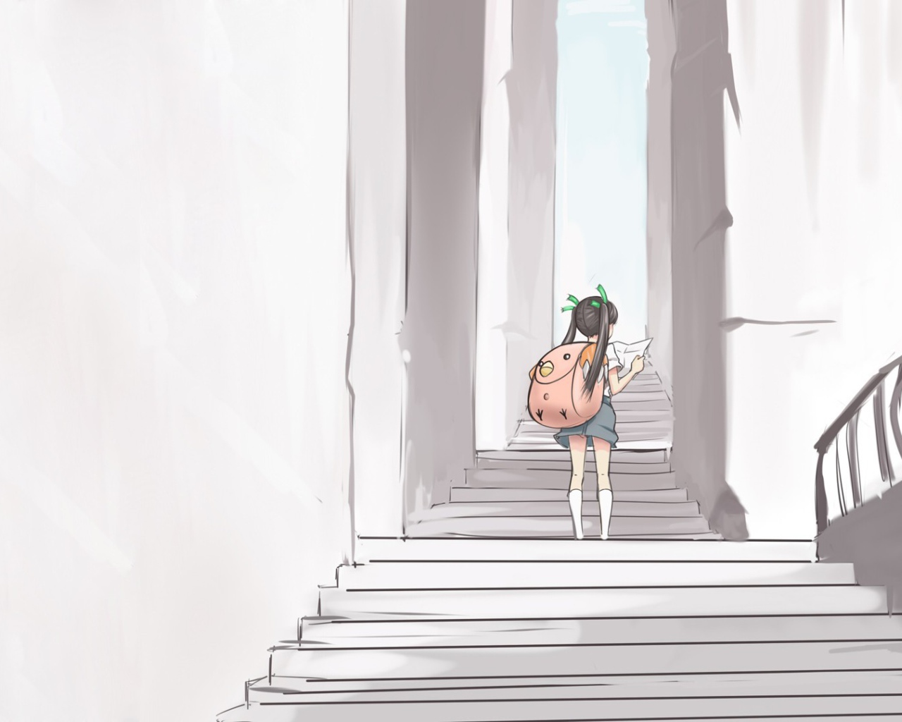Девушка идет по лестнице аниме