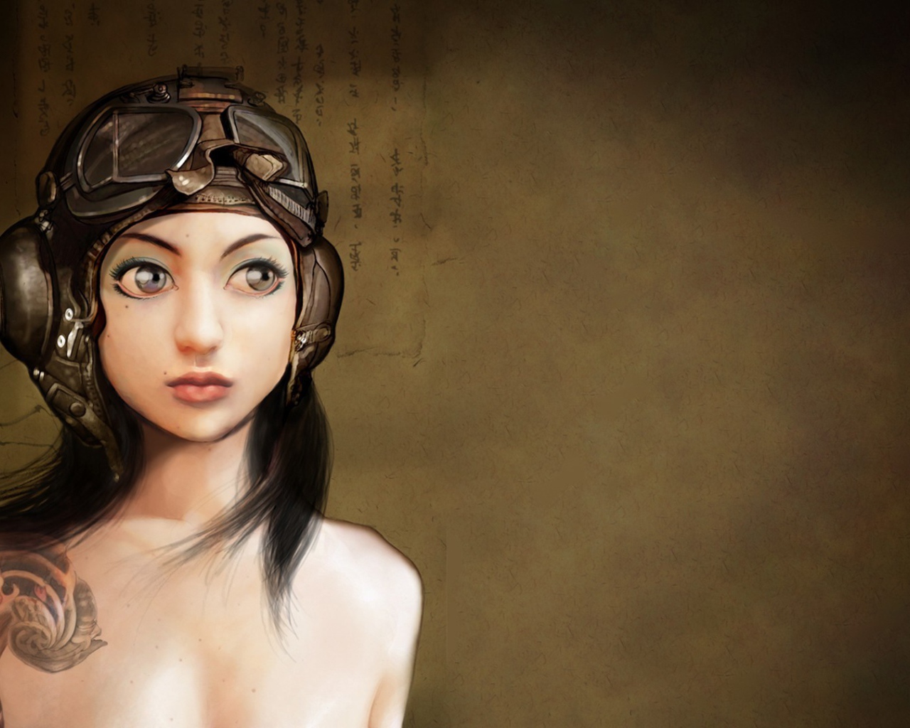 Японская девушка в старом шлеме летчика, рисунок