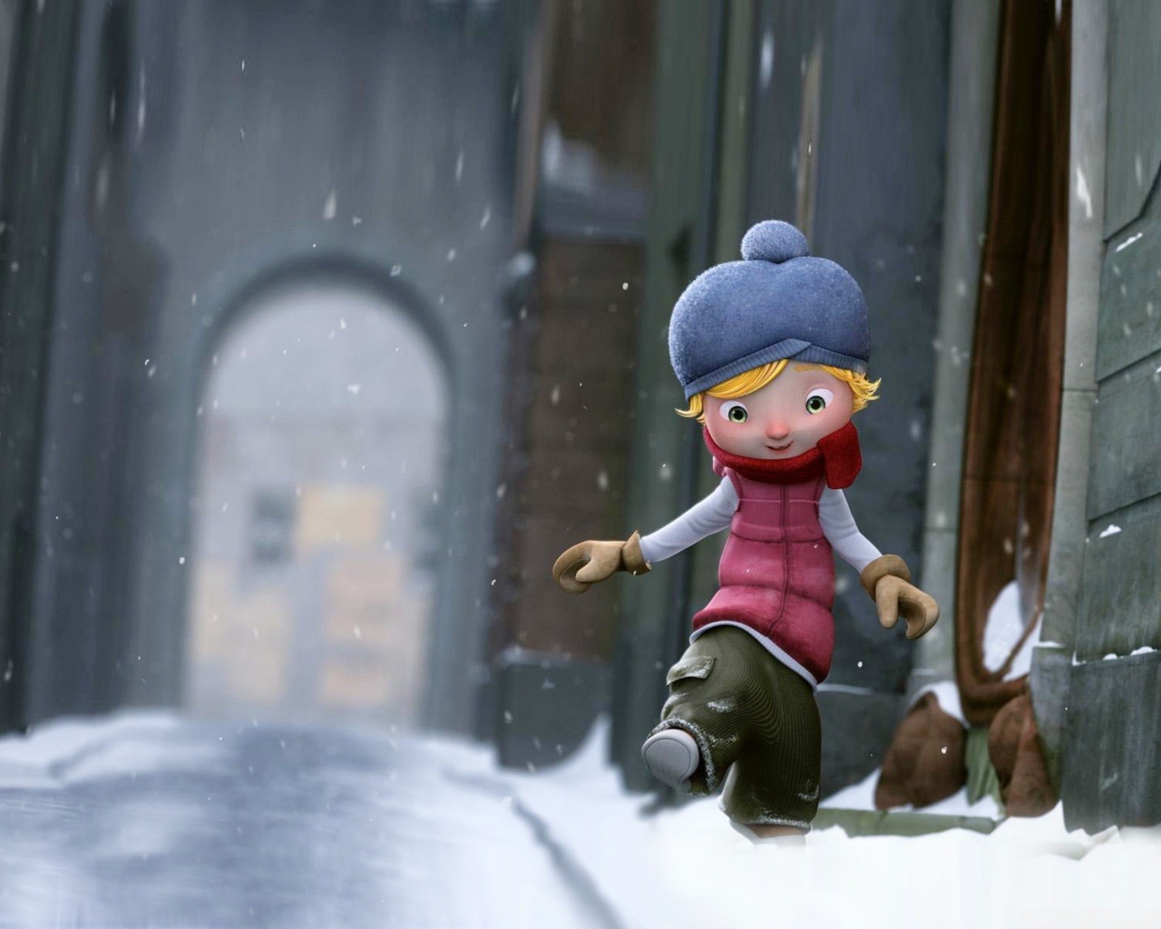 Девочка идет по снегу, мультфильм