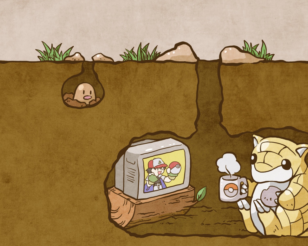 Покемон смотрит телевизор под землей