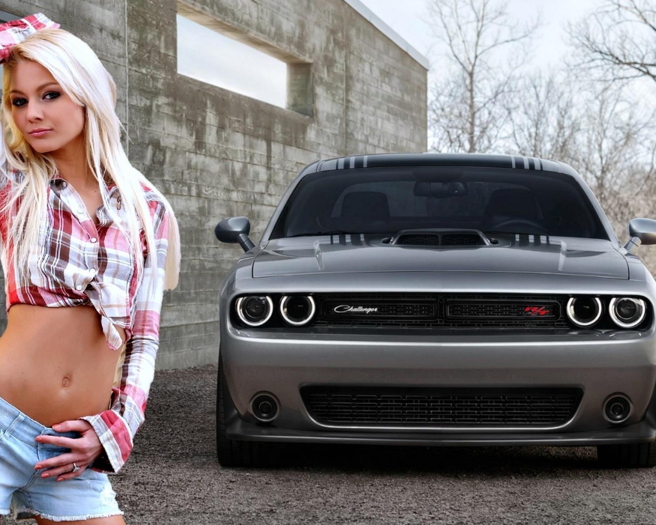 Блондинка на фоне серого Dodge Challenger