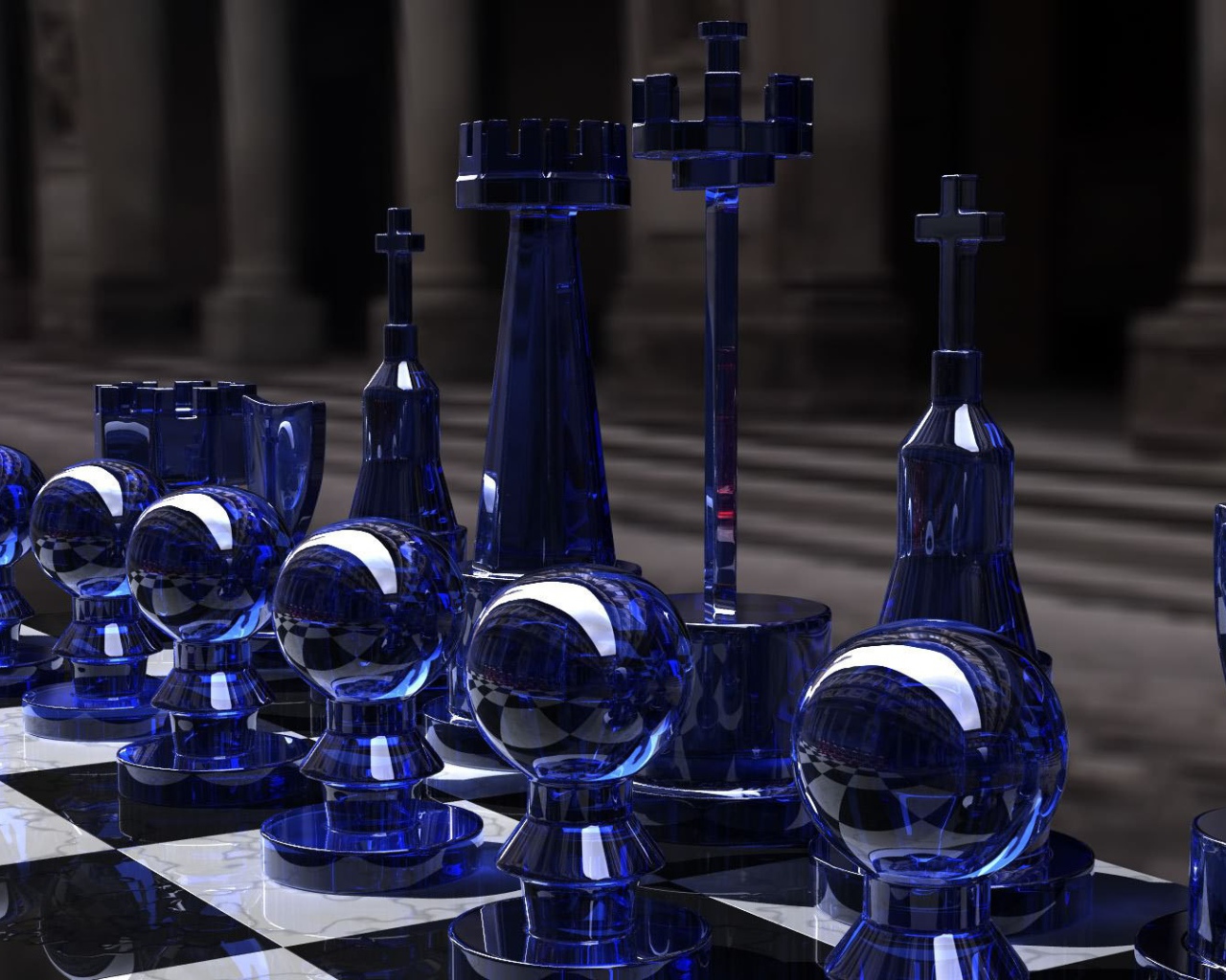 Синие стеклянные шахматы 3D графика 