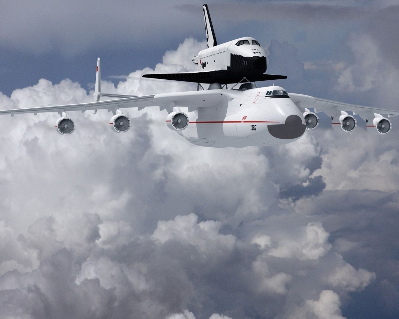 Самолет Ан- 225 Мрия  и ракета носитель «Буран» в на фоне белых облаков 