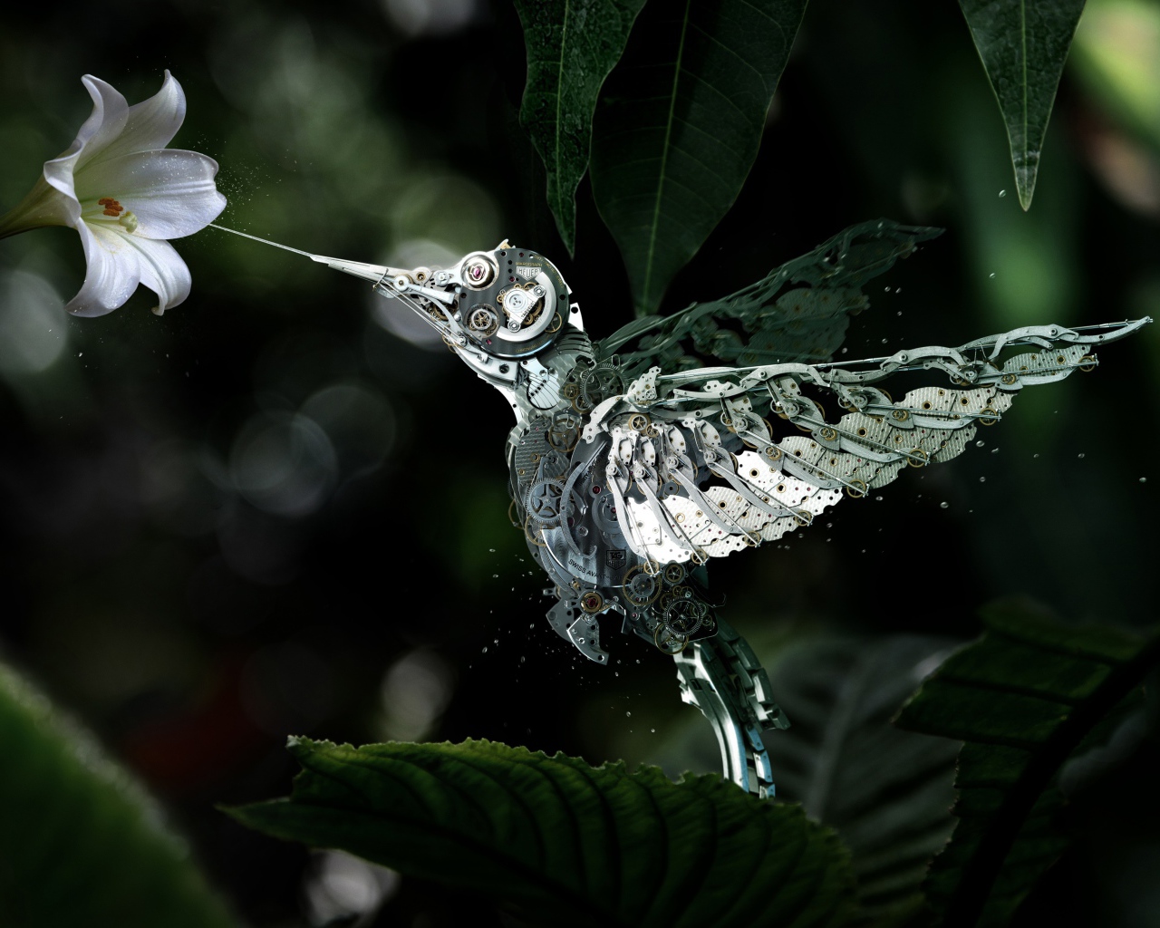 Механическая птица колибри собирает нектар с цветка,  стимпанк