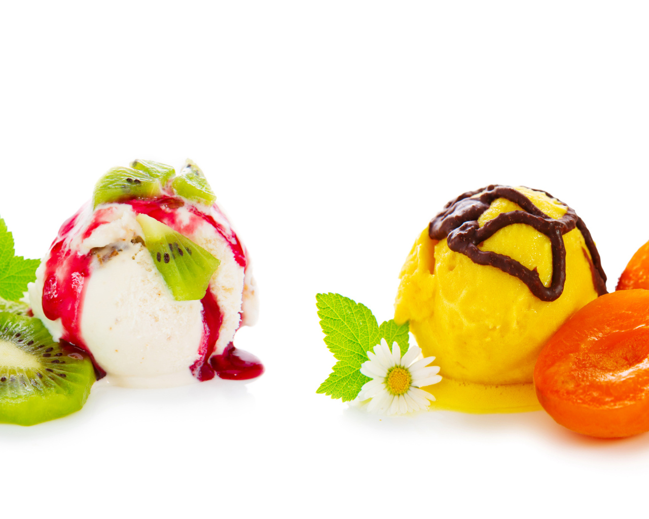 Ice cream balls with kiwi and apricots on a white background