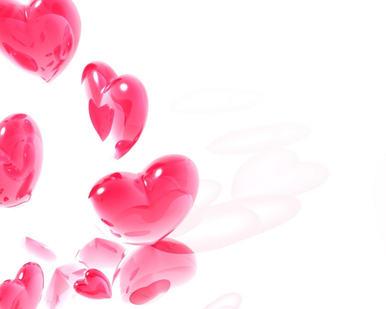 Полет розовых сердечек на белом фоне