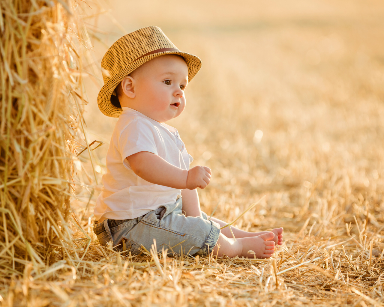 Маленький мальчик в шляпе сидит на себе