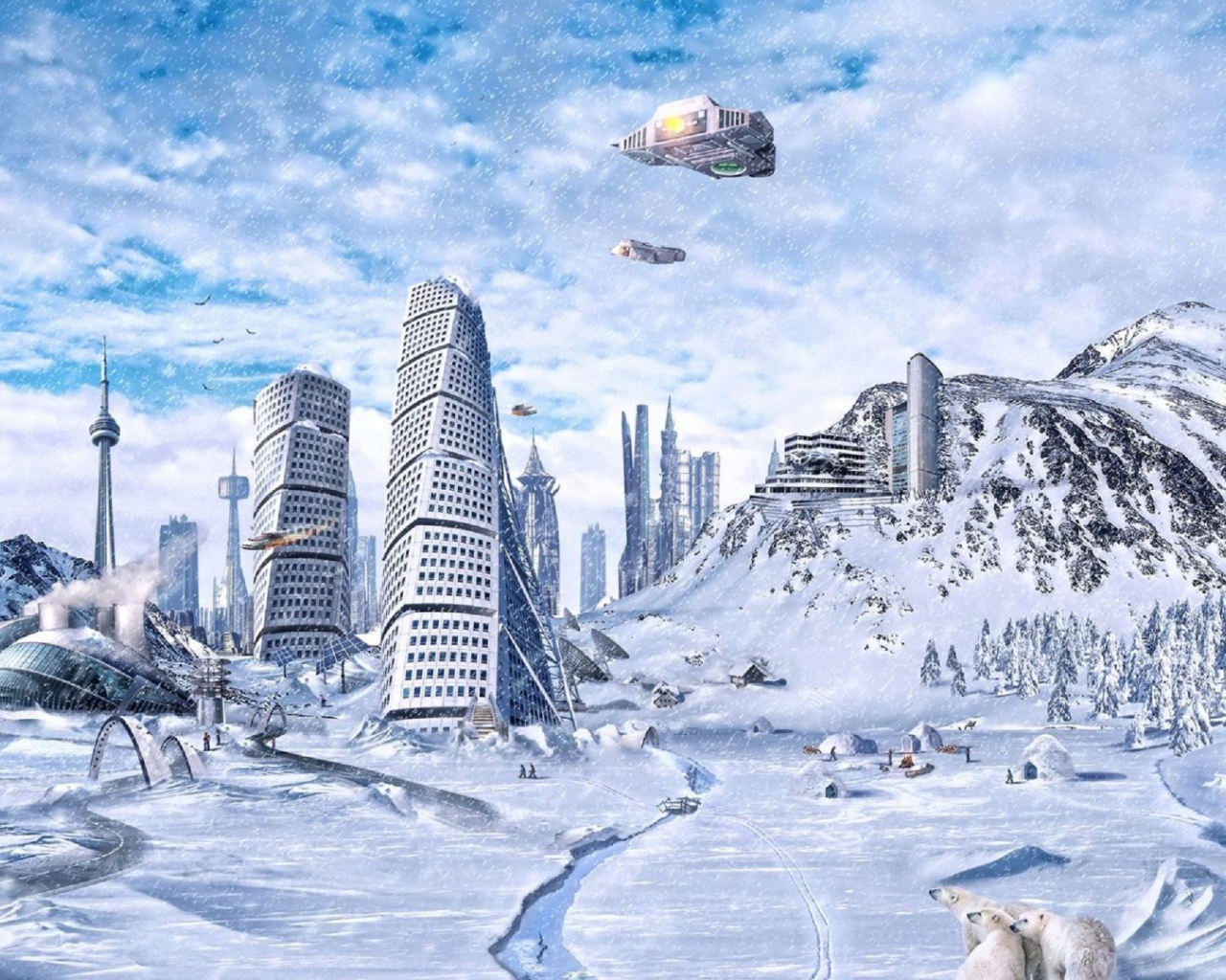 Фантастический город будущего зимой 
