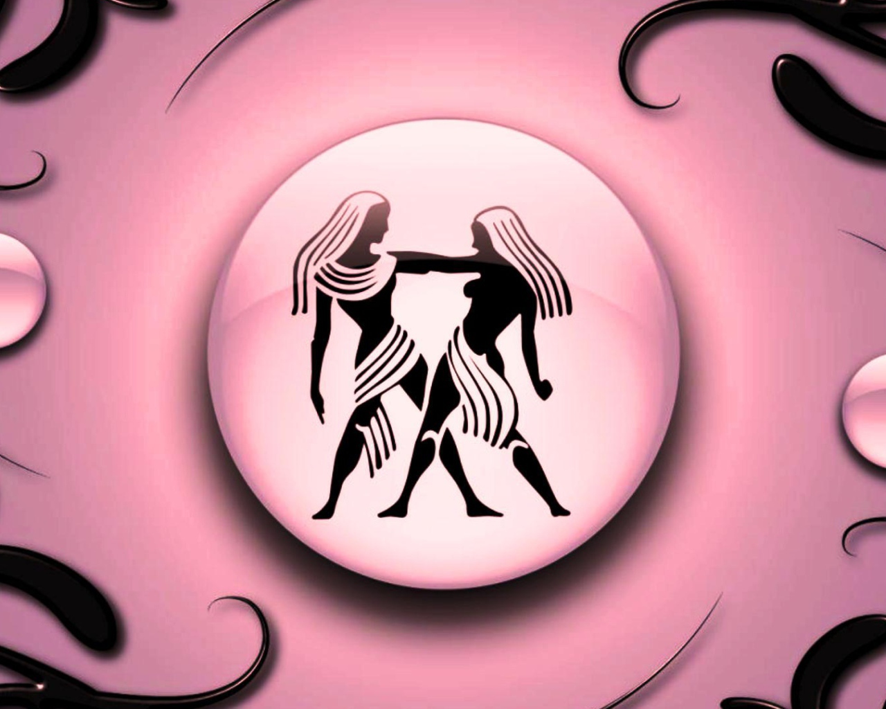 Знак зодиака Близнецы на  розовом фоне с чёрным орнаментом  