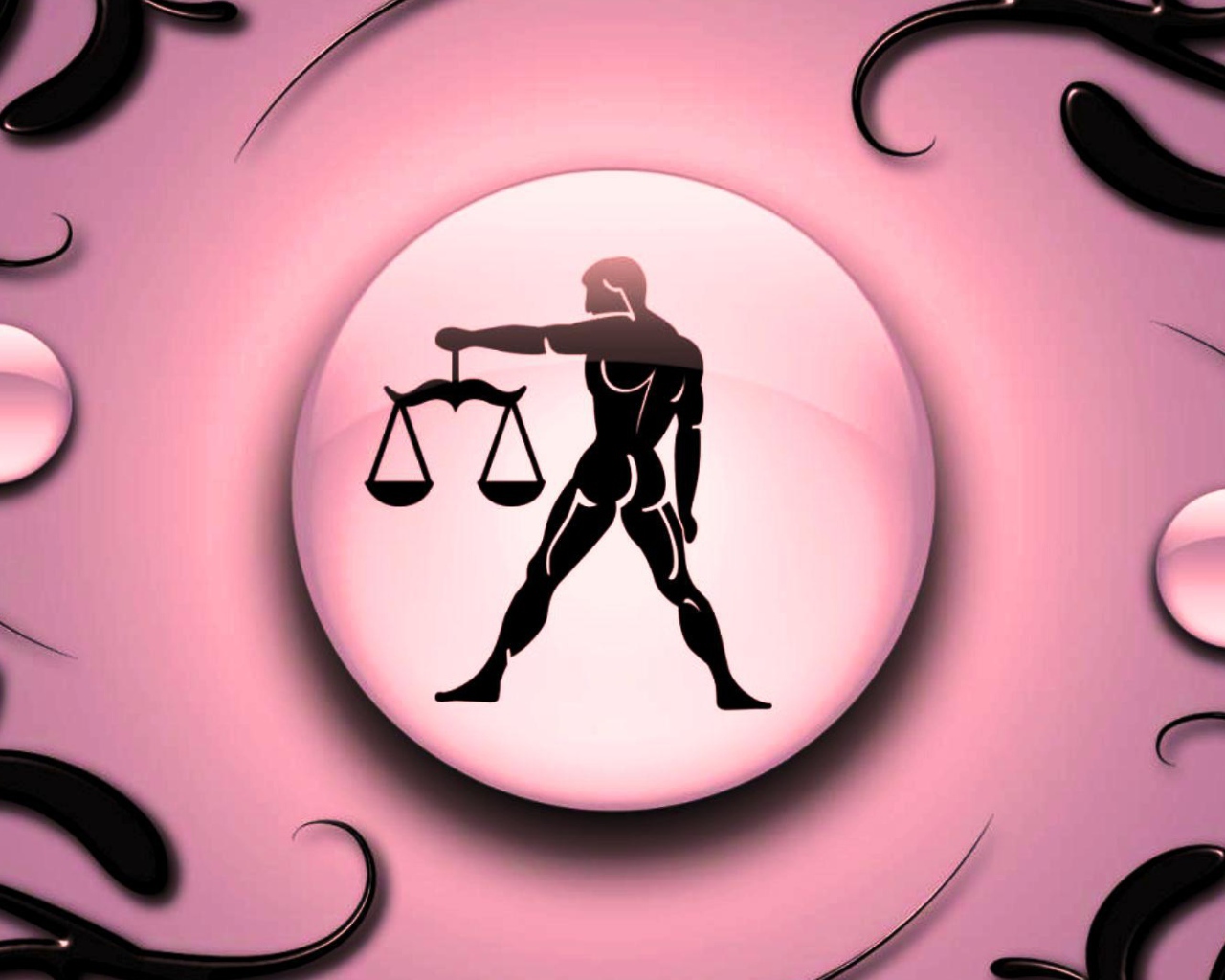 Знак зодиака Весы на  розовом фоне с чёрным орнаментом 