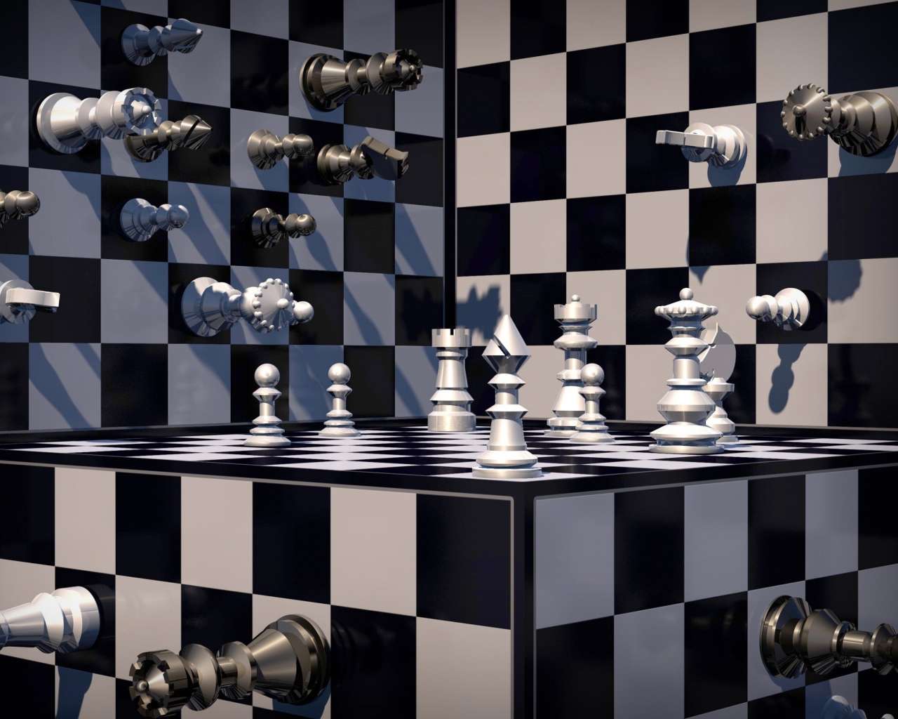 Chess on a black and white chessboard 3d graphics