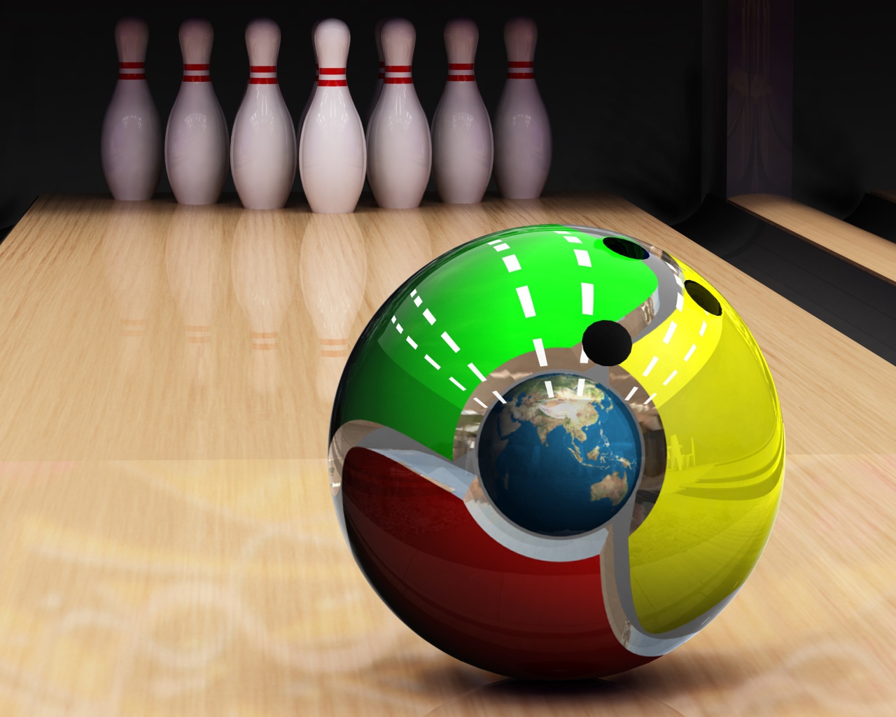 Sphere on the bowling alley in the background, 3d graphics