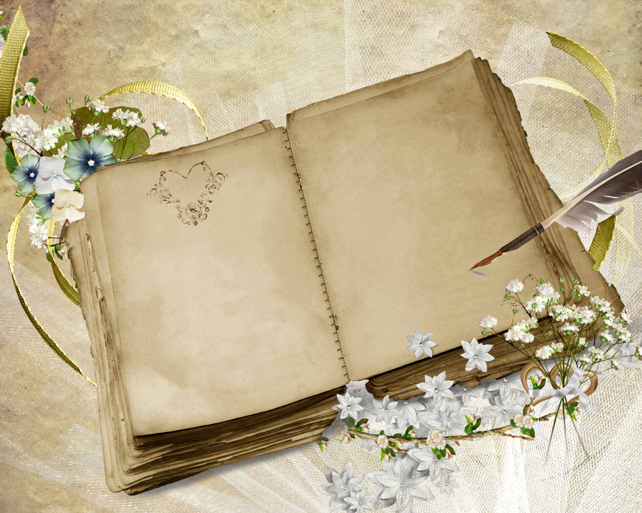Старая книга с пером и цветами, шаблон для поздравительной открытки