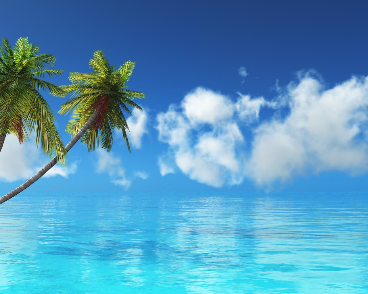 Две пальмы в голубом океане на фоне неба 