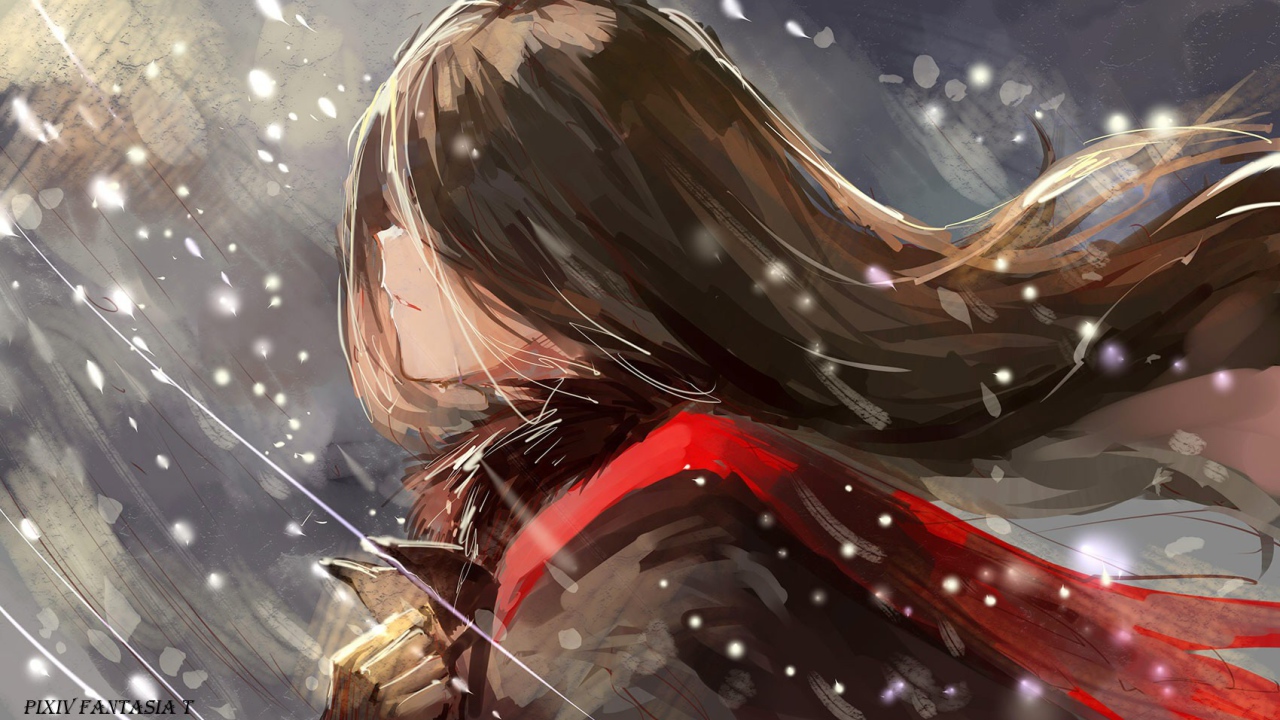 Девушка во время снегопада аниме Pixiv Fantasia