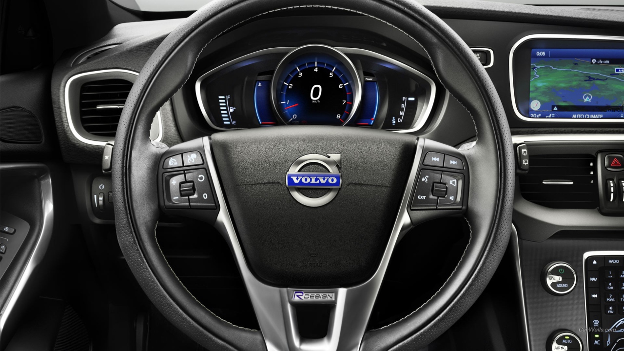 The steering wheel of a Volvo