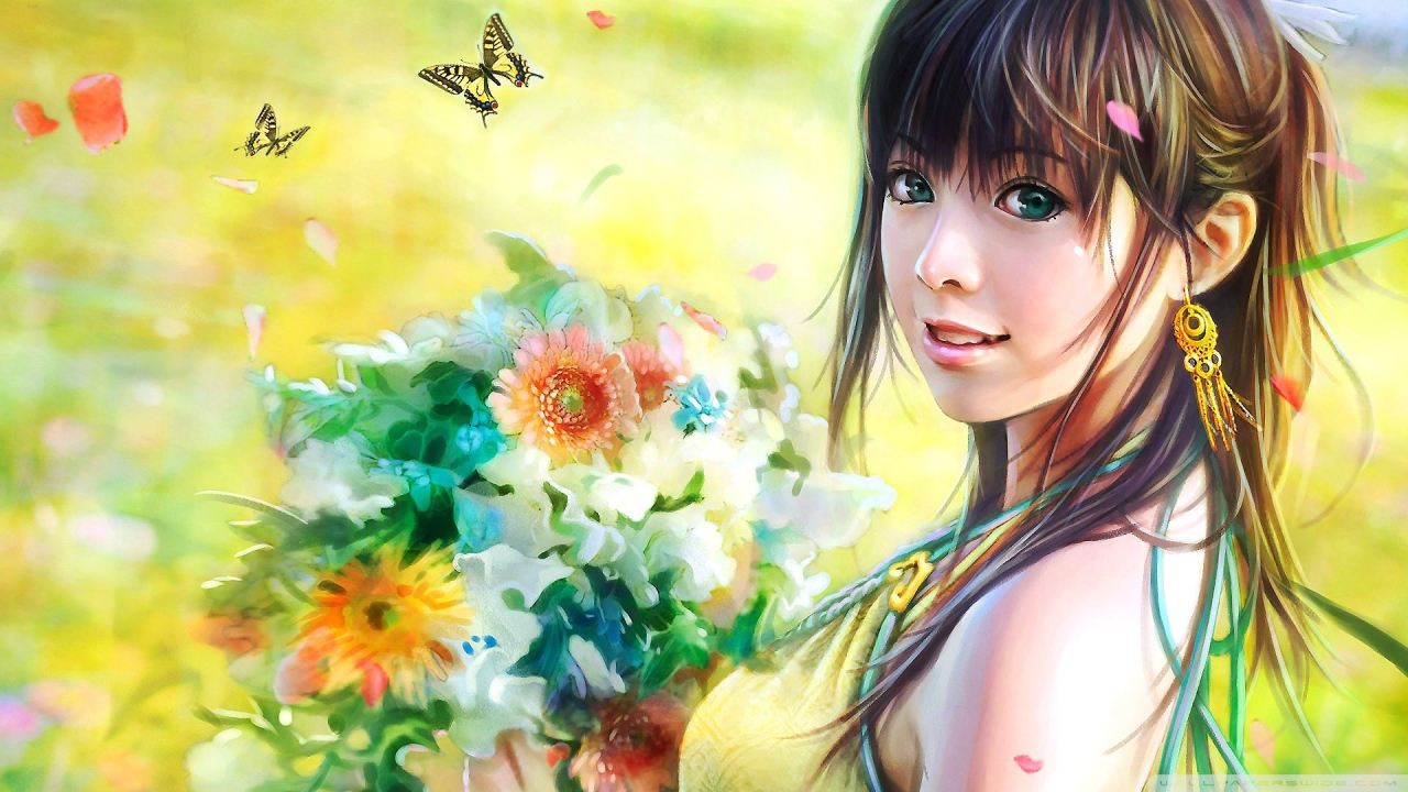 Милая японская девушка с букетом цветов