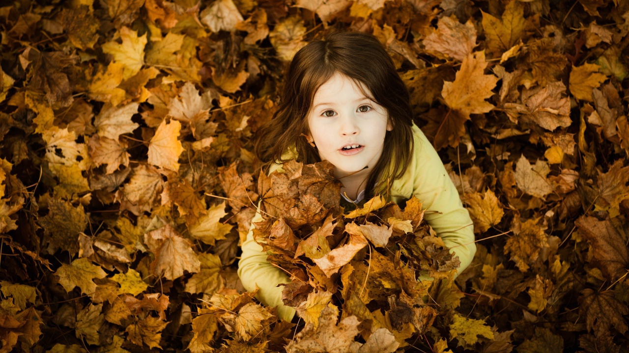 Девочка зарылась в опавшие листья