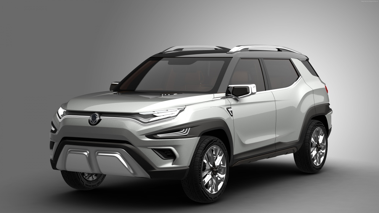 Silver SUV SsangYong XAVL, 2017 on a gray background