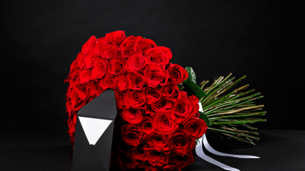 Большой букет красных роз с конвертом на черном фоне