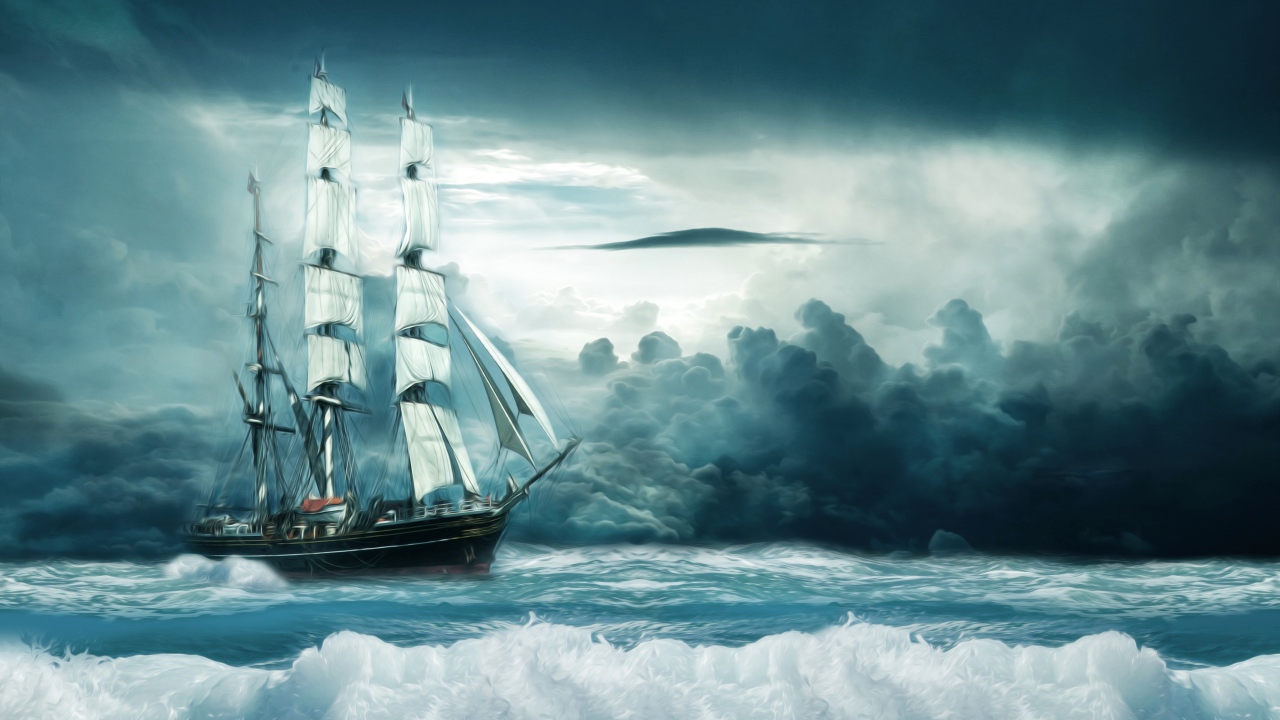 Нарисованный корабль в бушующем море 