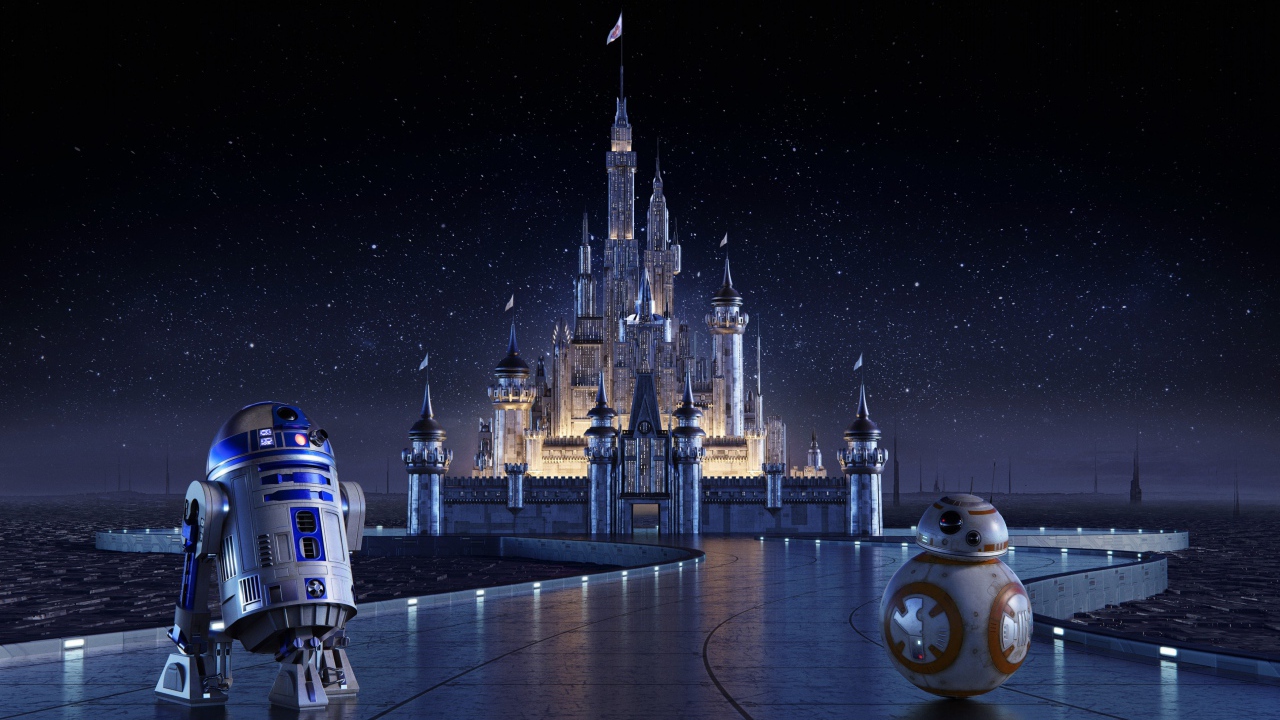 Роботы R2-D2 и BB-8 на фоне замка Disney